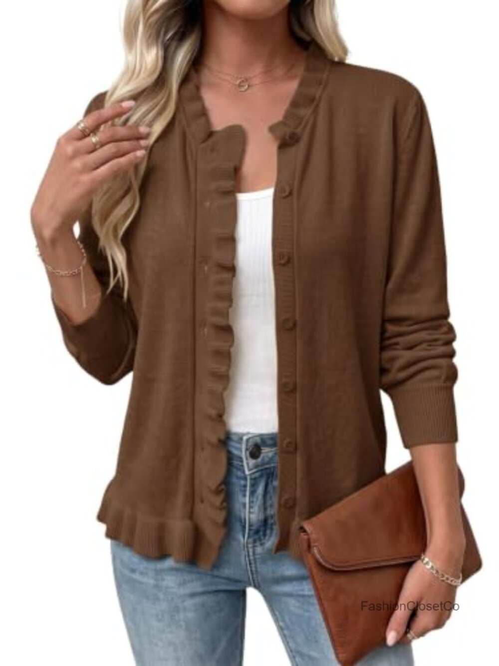 Ruffle Trim Button Front Knit Cardigan Sweater